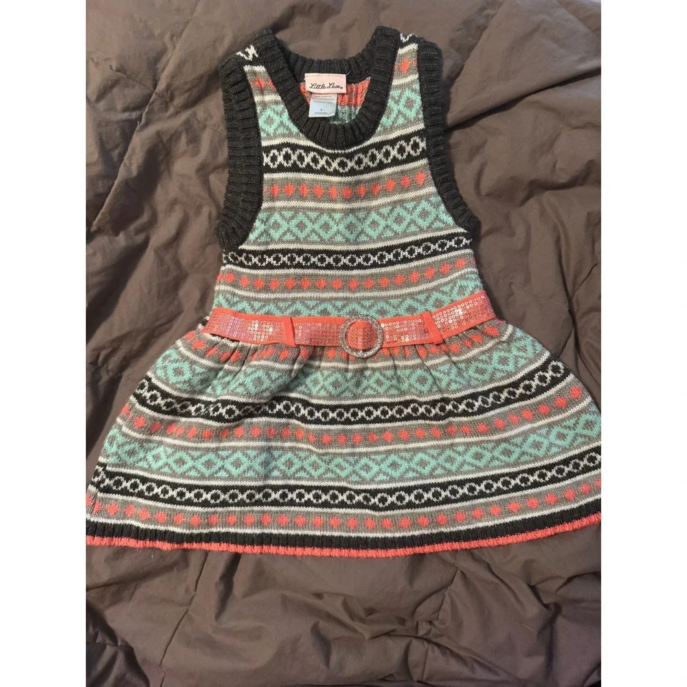 Little Lass Girls Fair Isle Sweater Dress Grey Teal Coral Sequin Belt Size 6